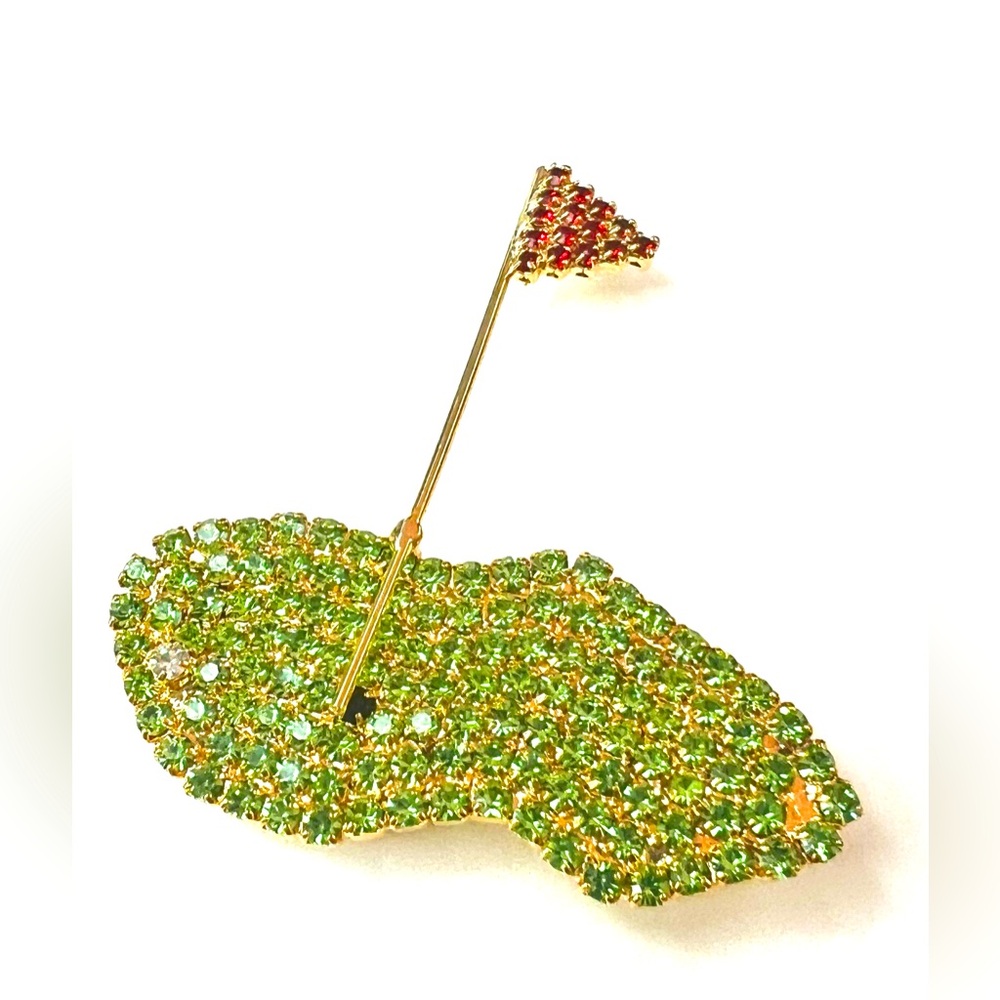 SOLD Vintage Rhinestone Golf Ball Putting Red Flag Large Green Gold-tone Pin